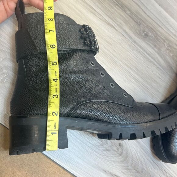 DESIGNER RUNWAY KARL LAGERFELD PARIS BLACK CRYSTAL PIPPA LEATHER COMBAT BOOT 11 - Picture 11 of 12